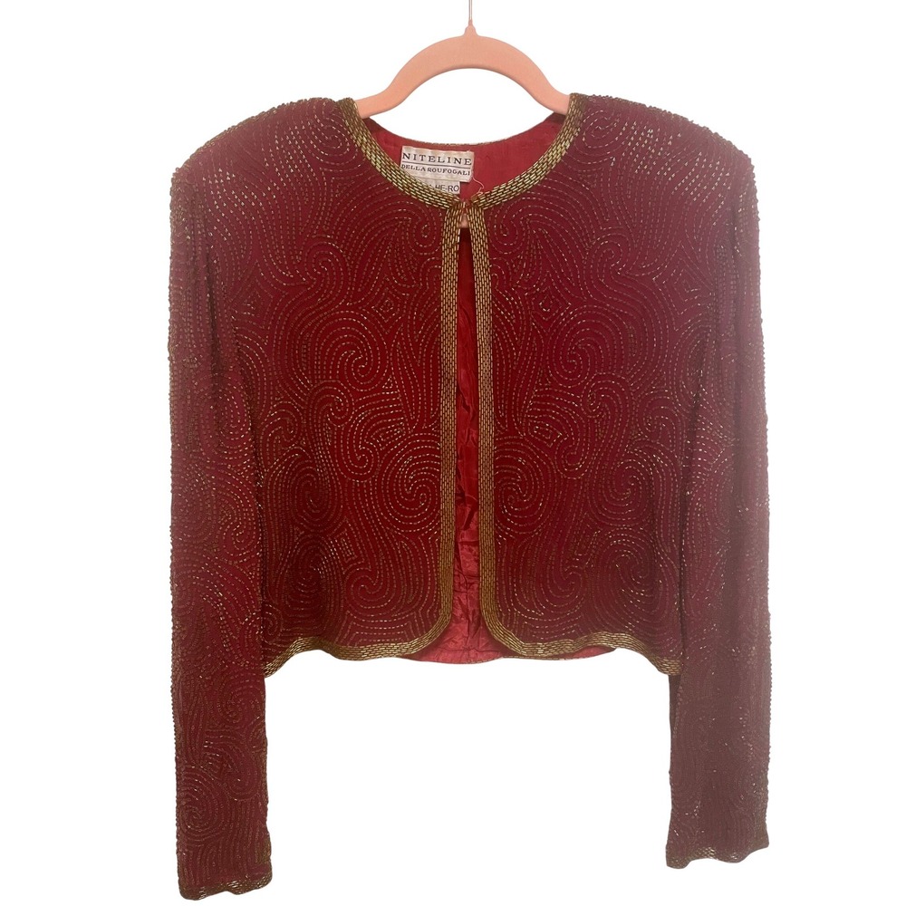 Vintage Beaded Jacket Silk Burgundy Gold Niteline della Roufogali Vintage 1994